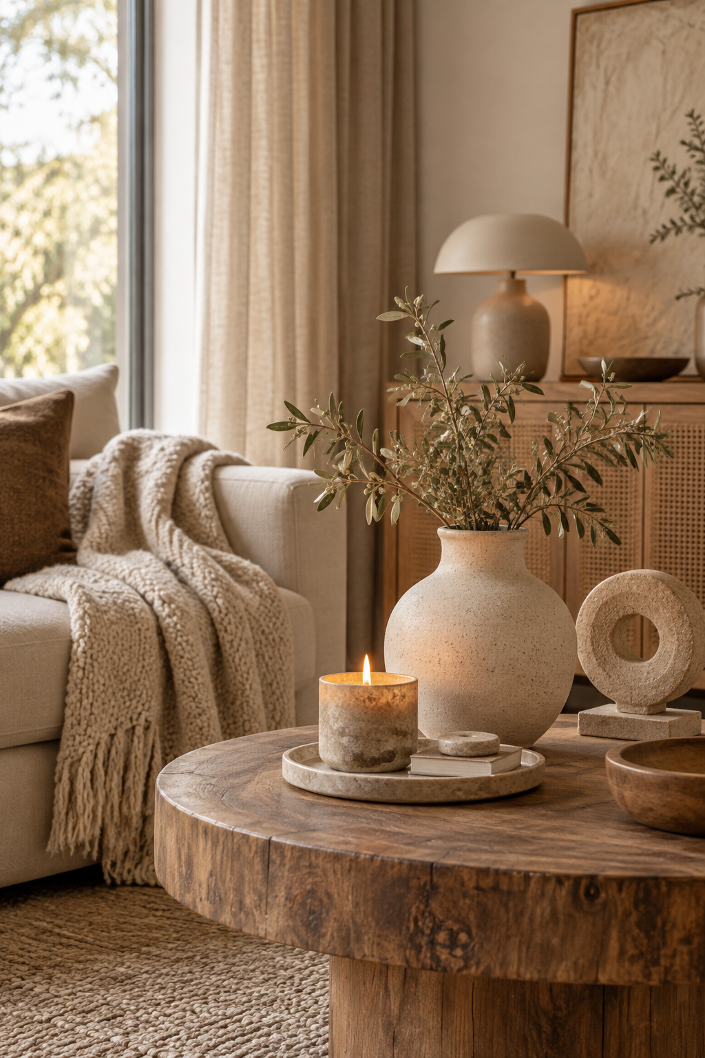 Rustig interieur met plaid en natuurlijke materialen