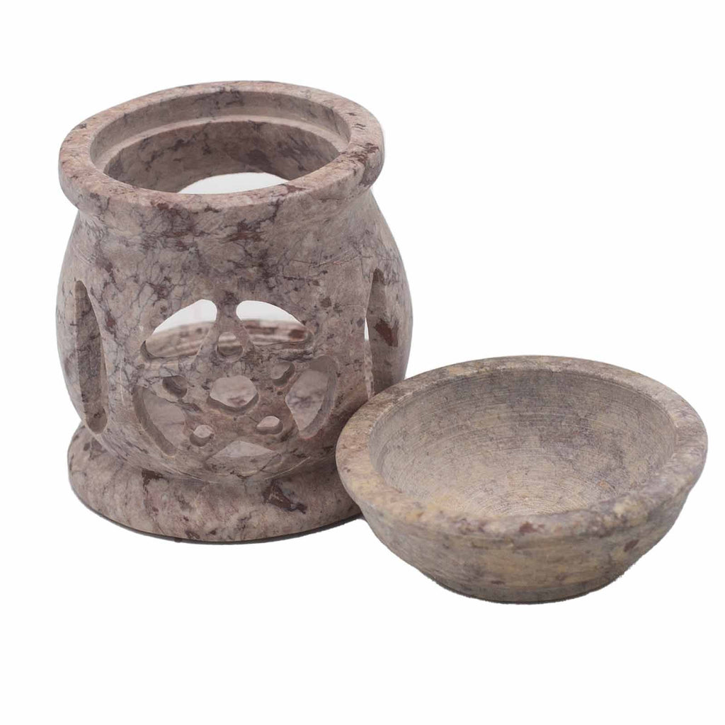 Kleine speksteen Oliebrander 8cm – drie manen en pentagram