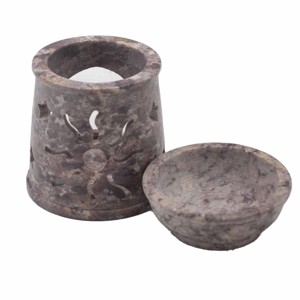 Kleine speksteen Oliebrander 8cm – zon en sterren