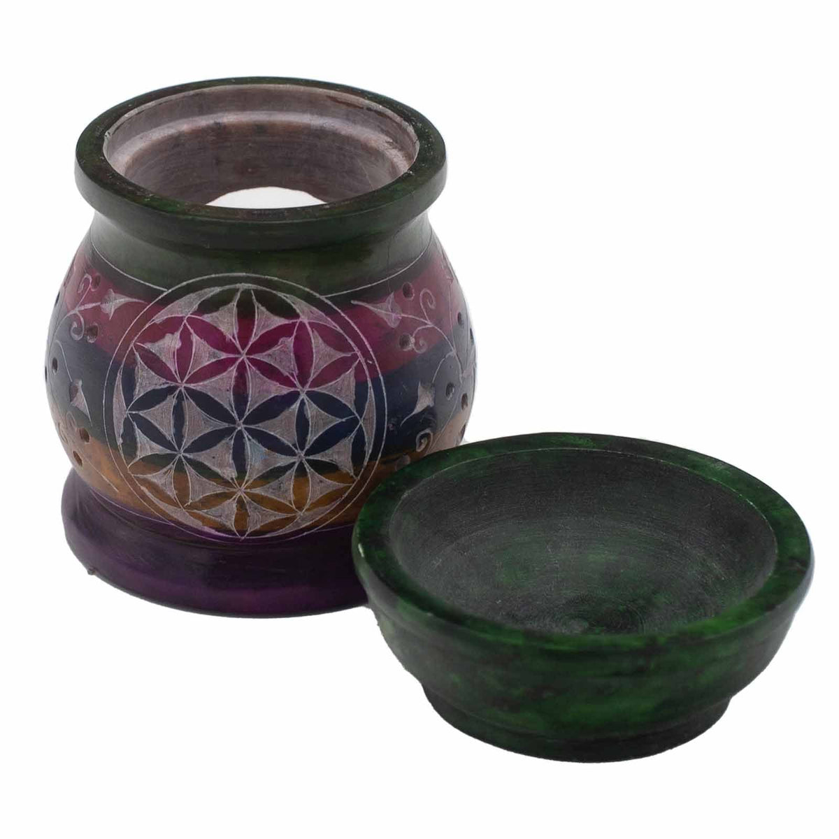 Speksteen Oliebrander 10cm – Flower of Life – Five Colours